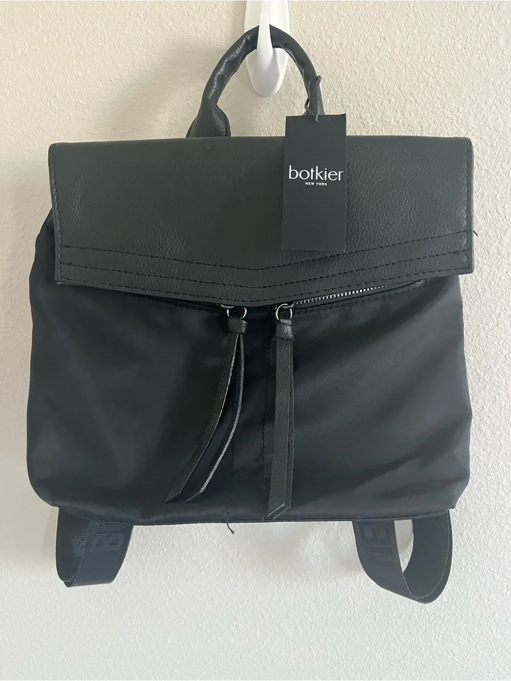 Botkier NWT Backpack Purse Black Nylon Trigger Mini Concert Bag w/Leather Flap